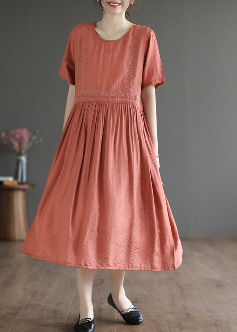 Summer slim orange embroidered cotton dress