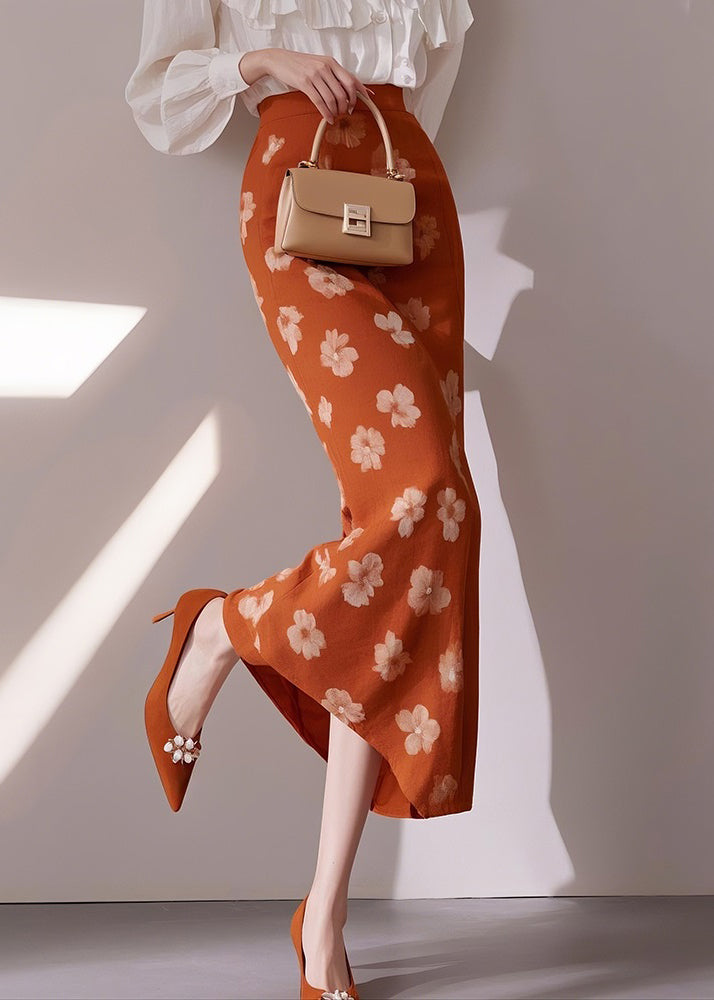 Slim Fit Orange Print High Waist Cotton Skirts Summer