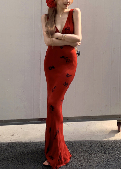 Slim Fit Red V Neck Print Lace Up Cotton Maxi Dresses Sleeveless