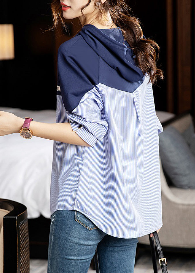 Style Striped Hooded Patchwork Cotton Shirt Long Sleeve