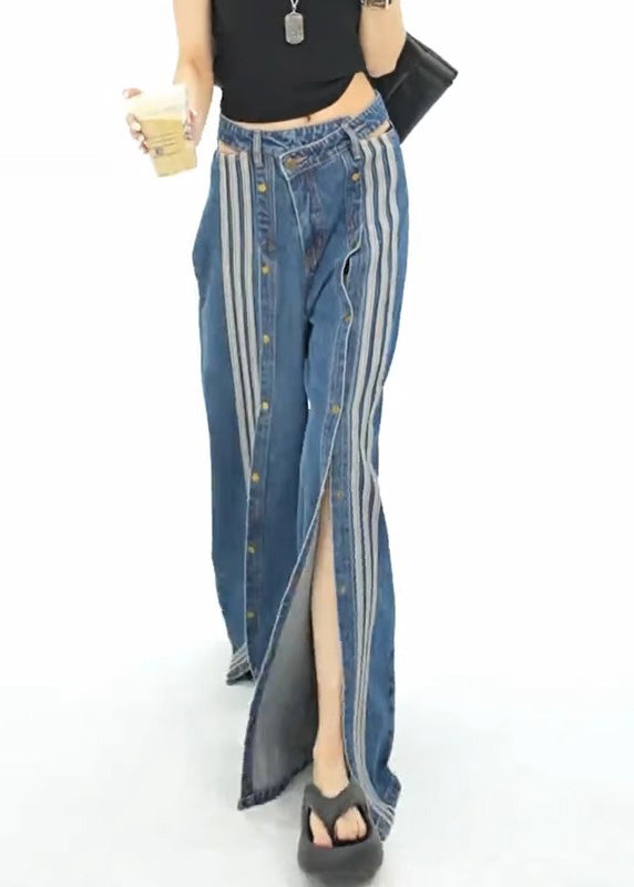 Stylish Blue Pockets Side Open Denim Wide Leg Pants Spring