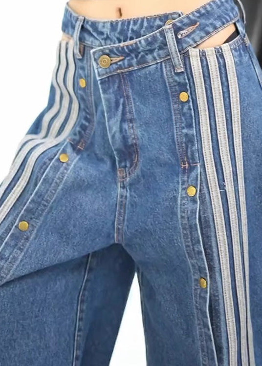 Stylish Blue Pockets Side Open Denim Wide Leg Pants Spring