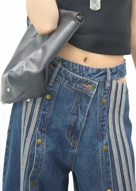 Stylish Blue Pockets Side Open Denim Wide Leg Pants Spring