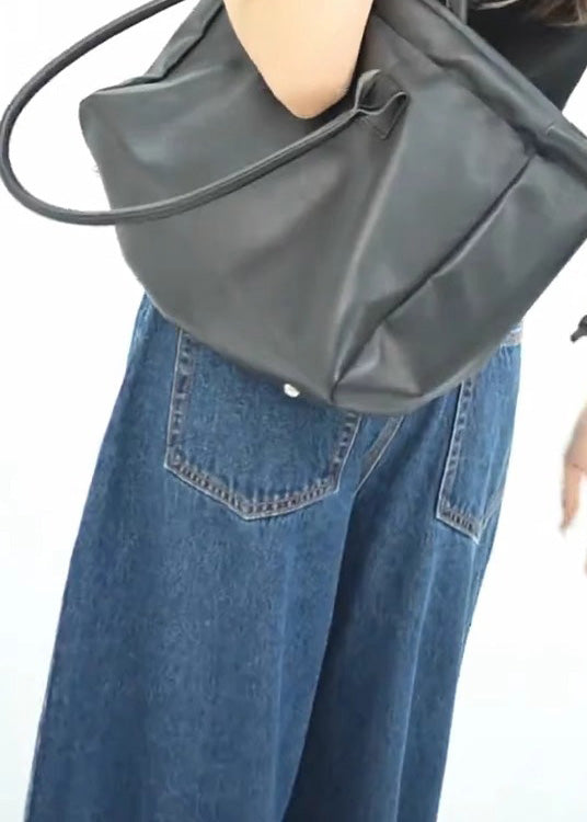 Stylish Blue Pockets Side Open Denim Wide Leg Pants Spring