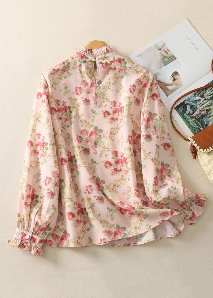 Stylish Pink Ruffled Print Button Cotton Blouse Top Spring