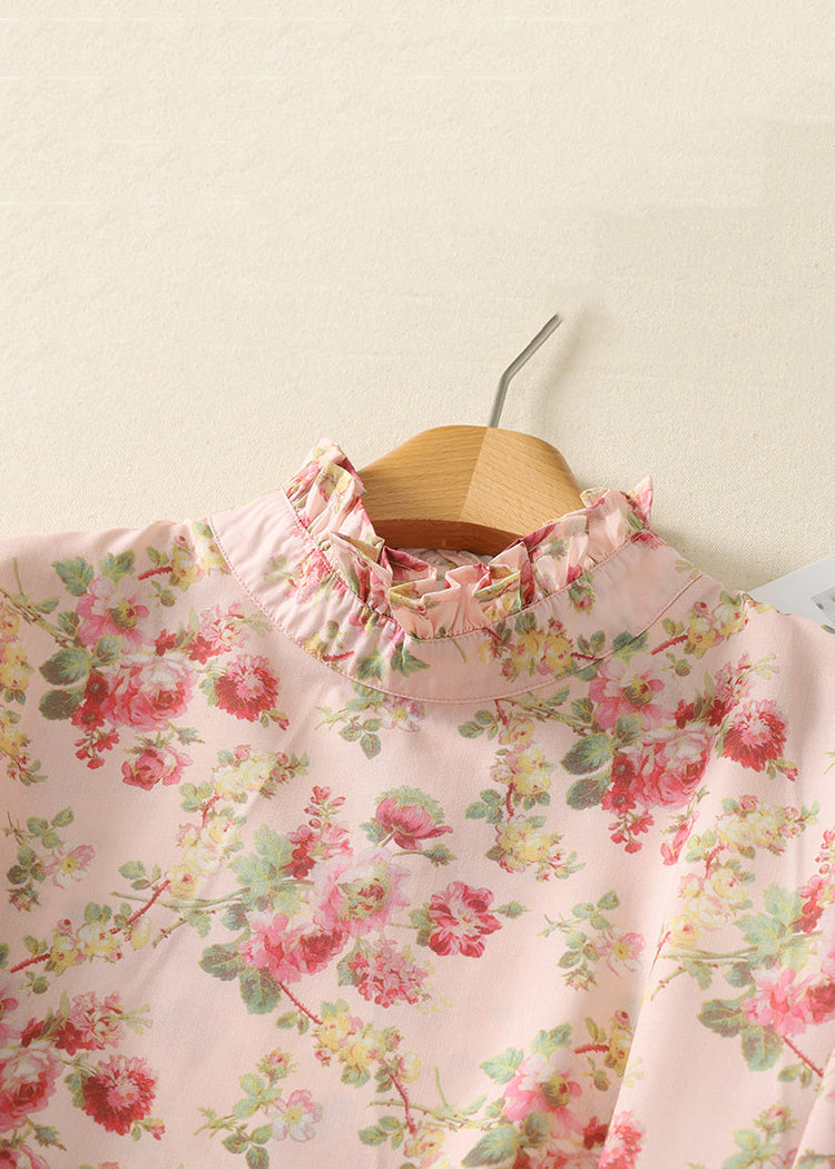 Stylish Pink Ruffled Print Button Cotton Blouse Top Spring