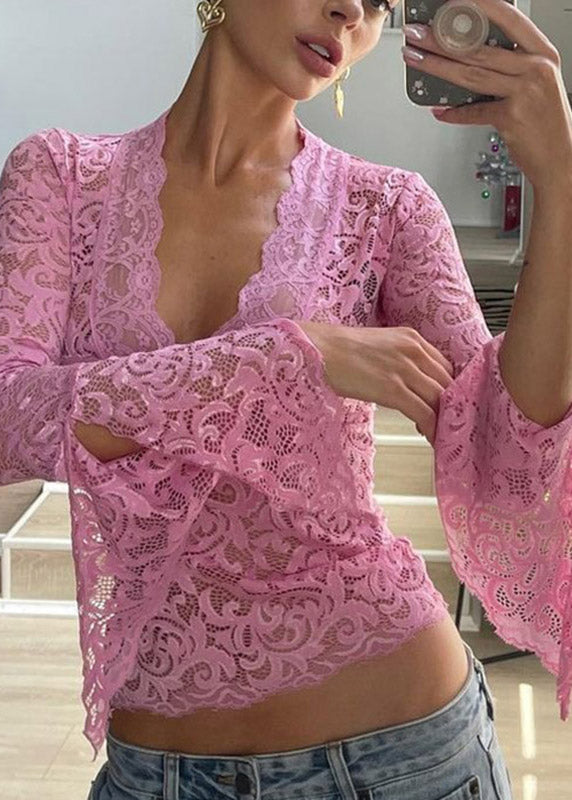 Stylish Red V Neck Lace T Shirts Flare Sleeve