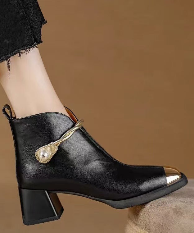 Classy Splicing Chunky Heel Ankle Boots Black Cowhide Leather