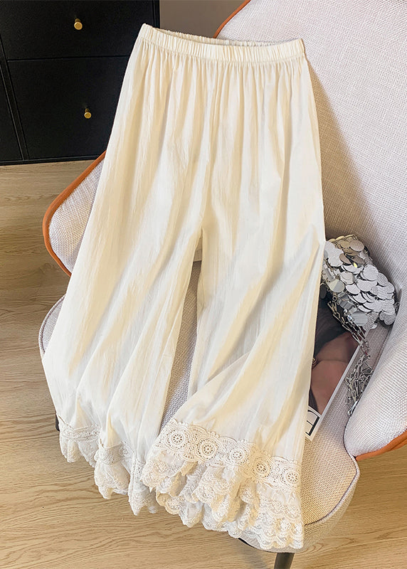 Unique Beige Elastic Waist Patchwork Lace Straight Pants Summer