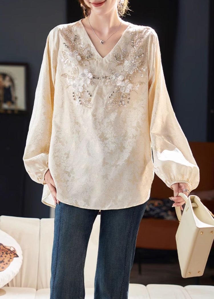 Unique Beige V Neck Jacquard Zircon Chiffon Shirt Top Spring