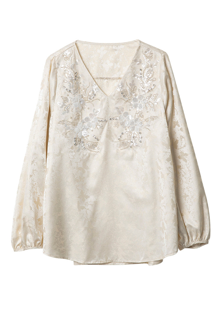 Unique Beige V Neck Jacquard Zircon Chiffon Shirt Top Spring