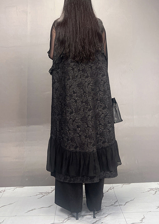 Unique Black Ruffled Patchwork Cotton Long Vest Sleeveless