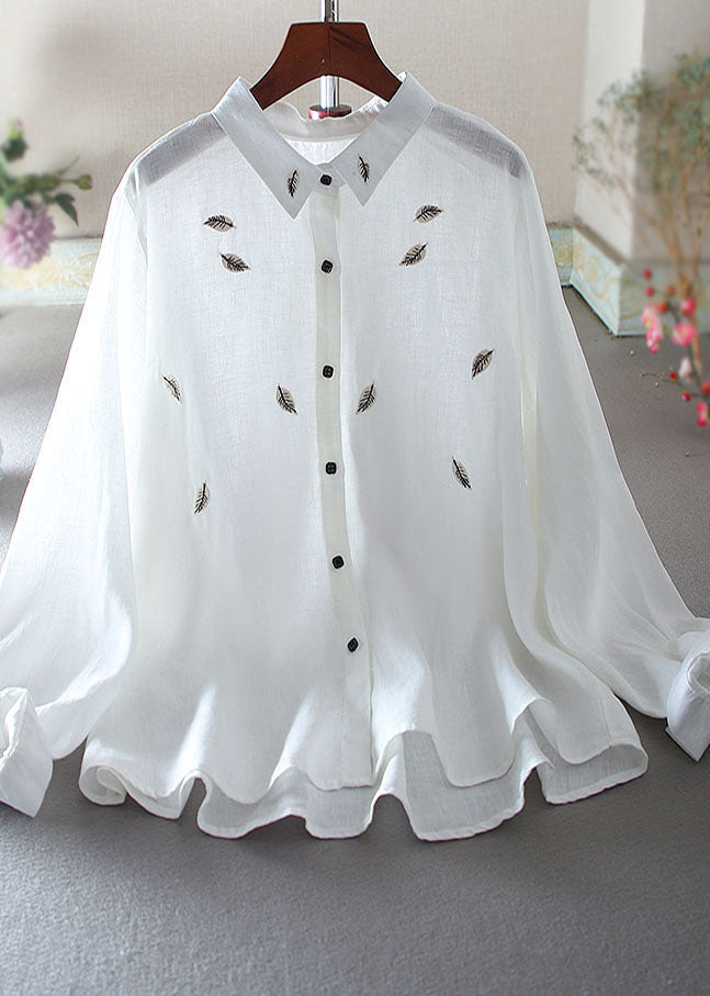 Grass Green Cotton Blouses Leaf Embroidered Spring