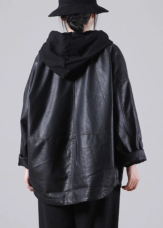 Unique Black Notched Pockets Button Fall Long PU Sleeve Coat