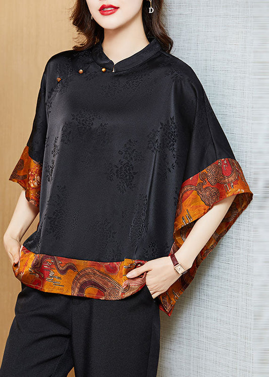 Vintage Mandarin Collar Asymmetric Patchwork Jacquard Silk Black Shirt Dolman Sleeves