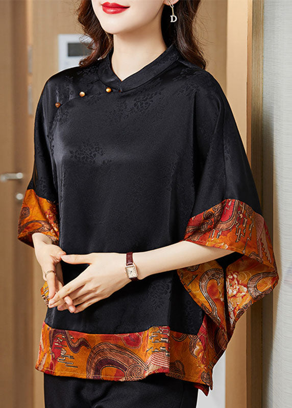 Vintage Mandarin Collar Asymmetric Patchwork Jacquard Silk Black Shirt Dolman Sleeves