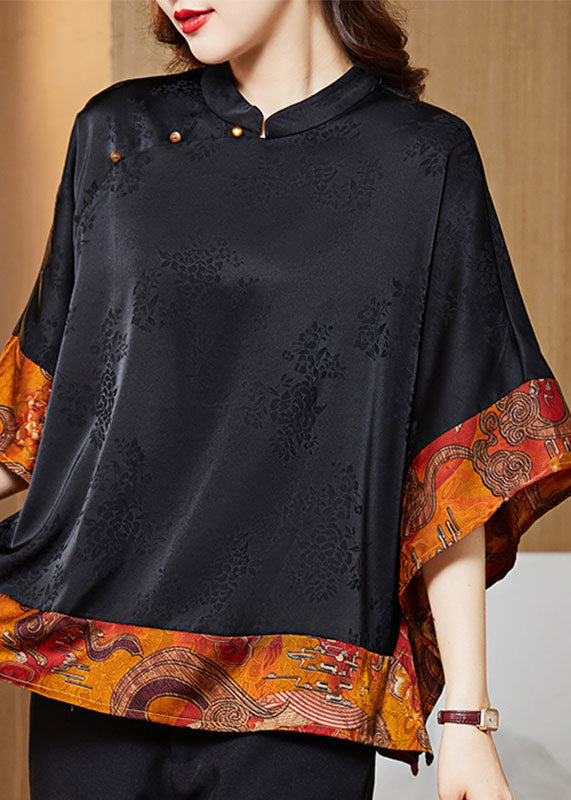 Vintage Mandarin Collar Asymmetric Patchwork Jacquard Silk Black Shirt Dolman Sleeves