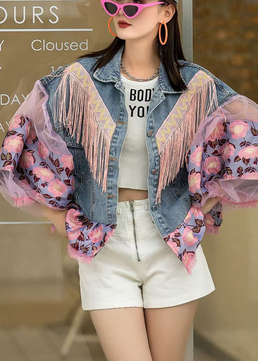 Vintage Lantern Sleeves Patchwork Button Fall Blue Denim Jacket