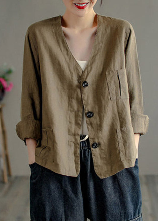 Vintage Chocolate V Neck Patchwork Button Linen Shirt Long Sleeve