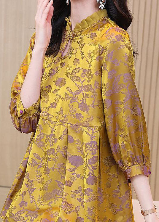 Vintage Gold Jacquard Ruffled Patchwork Silk Top Summer