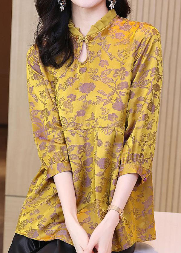 Vintage Gold Jacquard Ruffled Patchwork Silk Top Summer