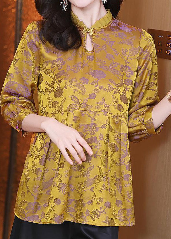 Vintage Gold Jacquard Ruffled Patchwork Silk Top Summer