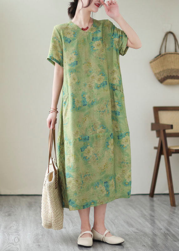 Vintage Green V Neck Print Patchwork Cotton Dress Summer