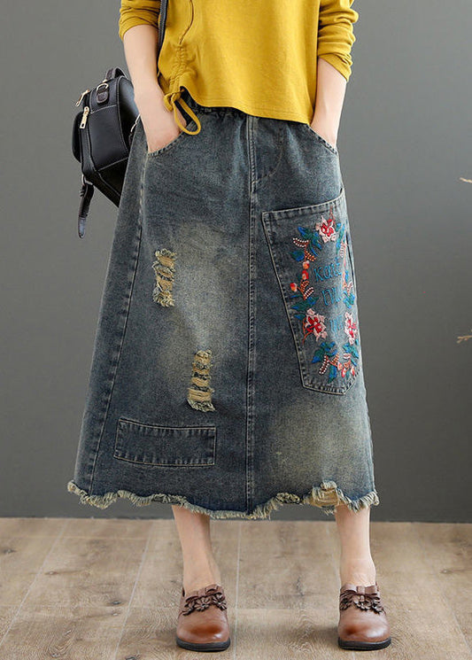 Vintage Gray Embroidered Asymmetric Patchwork High Waist Denim Long Skirts Summer
