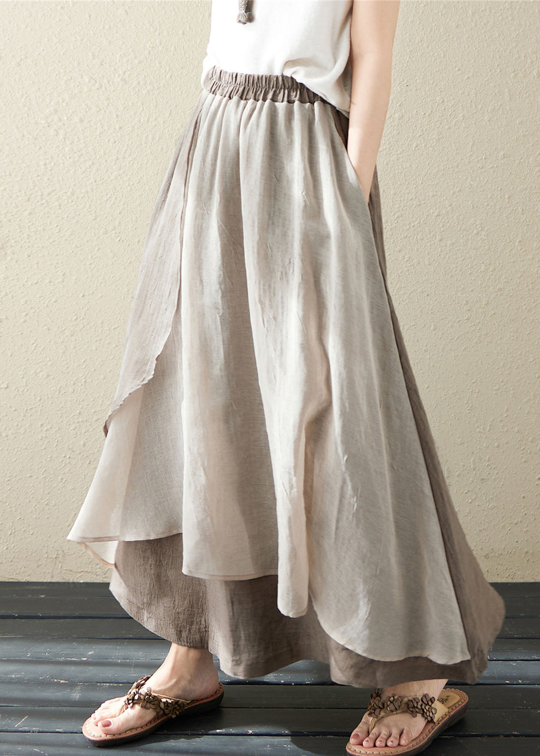 Khaki Asymmetric Design Patchwork Linen Retro Skirt Summer