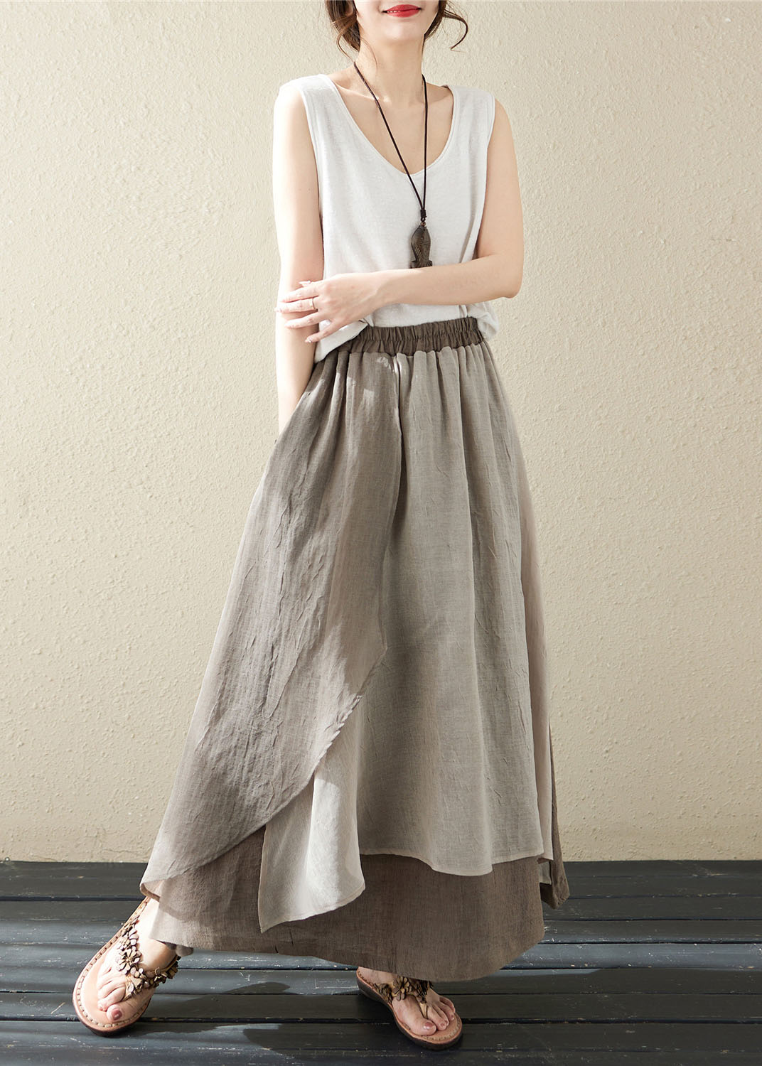 Khaki Asymmetric Design Patchwork Linen Retro Skirt Summer