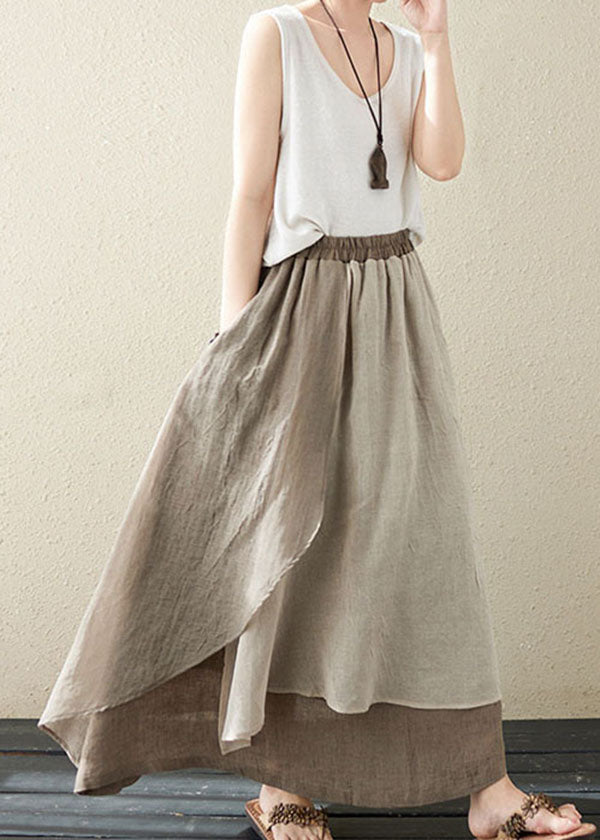Khaki Asymmetric Design Patchwork Linen Retro Skirt Summer