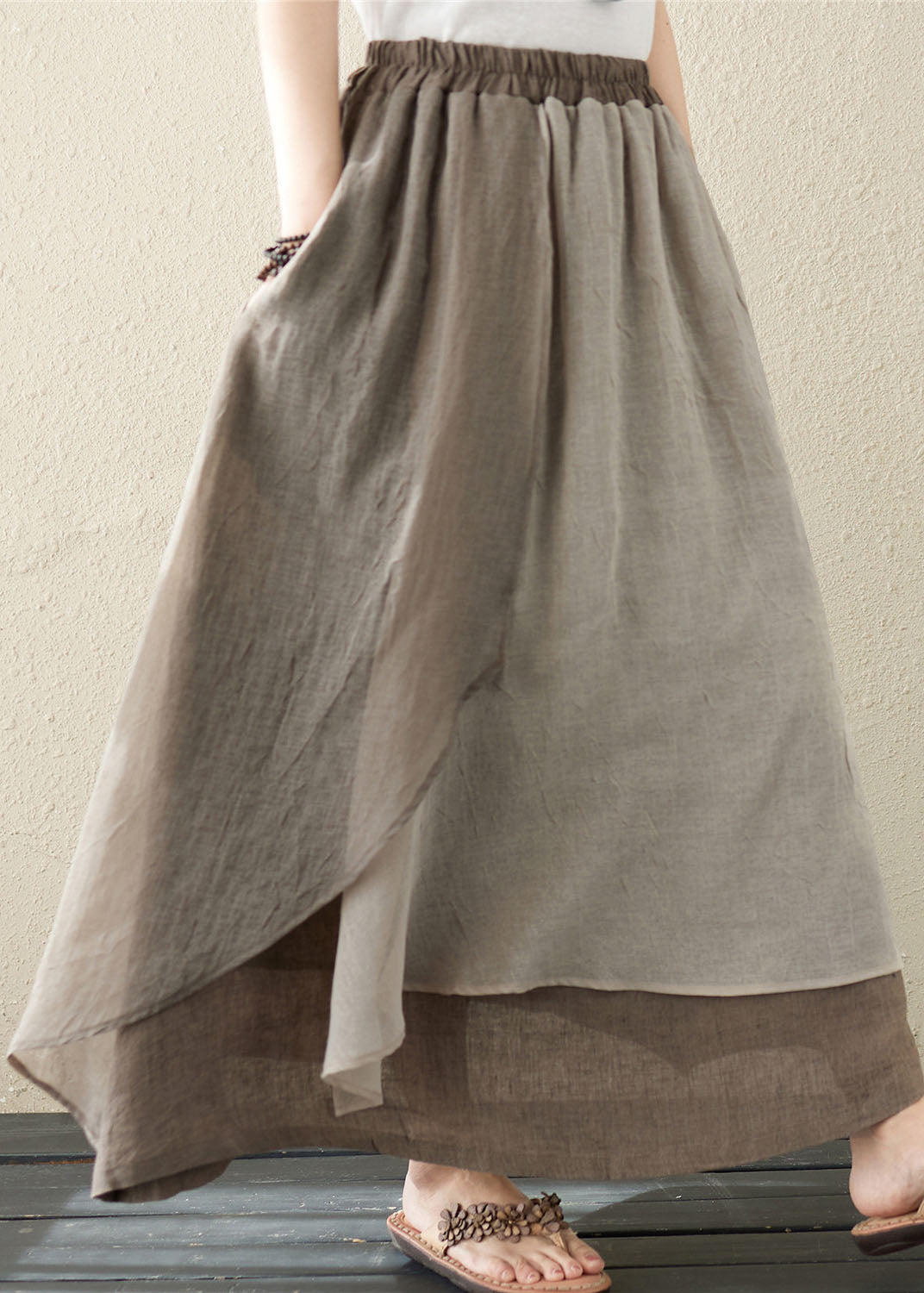 Khaki Asymmetric Design Patchwork Linen Retro Skirt Summer