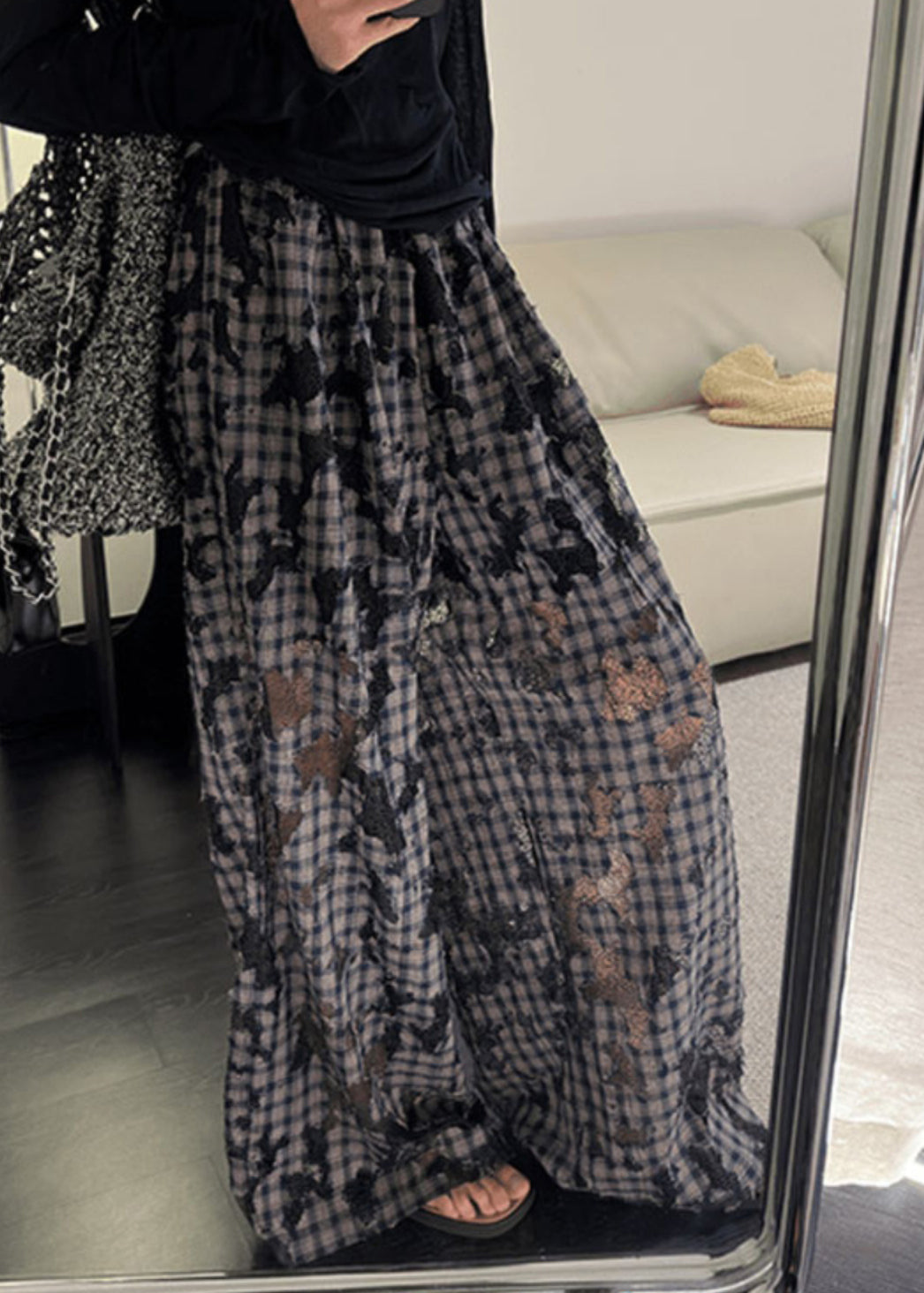 Vintage Plaid Hollow Out Patchwork Wide Leg Pants Spring