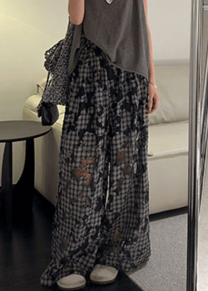 Vintage Plaid Hollow Out Patchwork Wide Leg Pants Spring