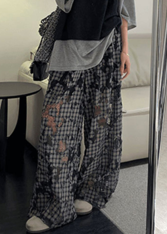 Vintage Plaid Hollow Out Patchwork Wide Leg Pants Spring