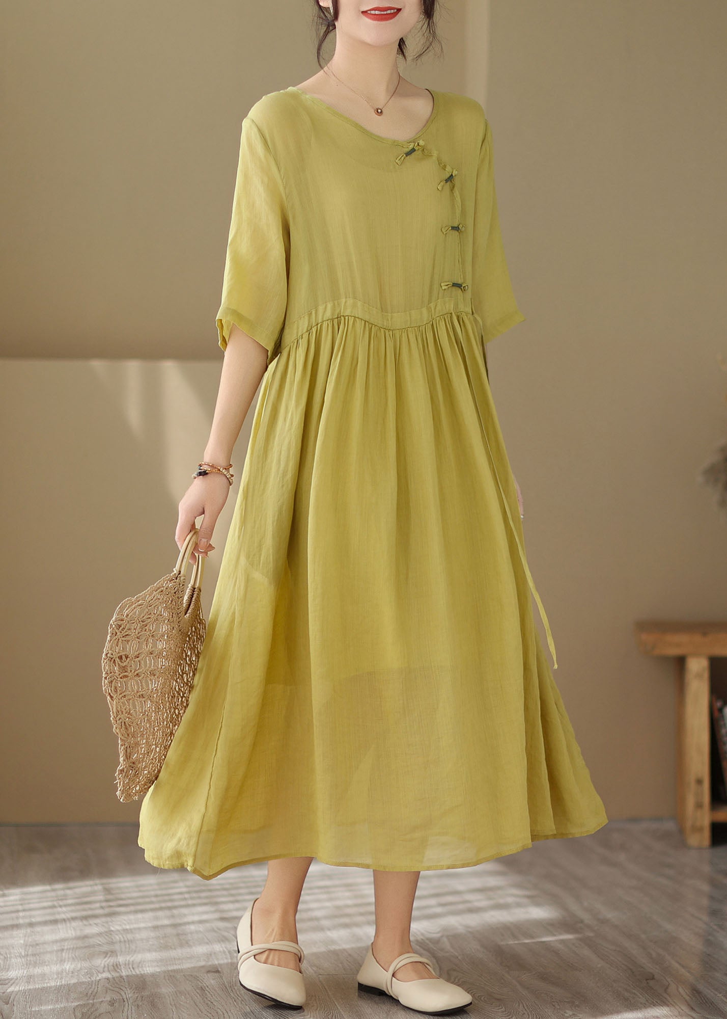 O Neck Vintage Yellow Patchwork Chinese Button Cotton Dresses Summer