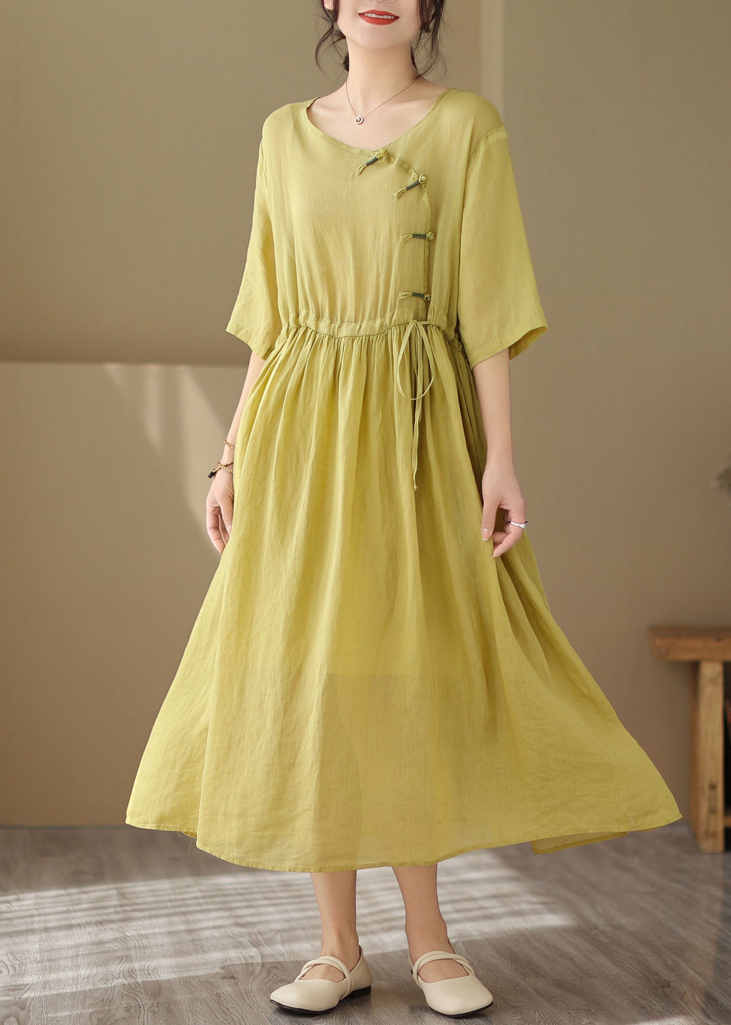 O Neck Vintage Yellow Patchwork Chinese Button Cotton Dresses Summer