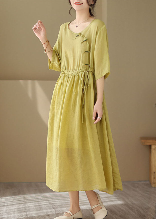 O Neck Vintage Yellow Patchwork Chinese Button Cotton Dresses Summer