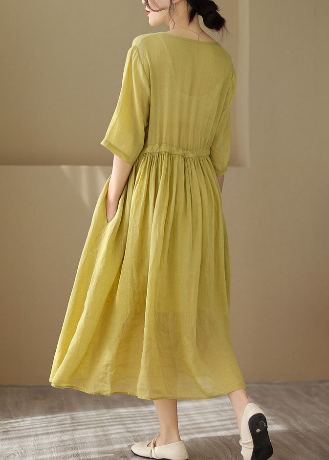 O Neck Vintage Yellow Patchwork Chinese Button Cotton Dresses Summer