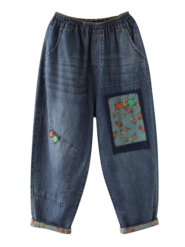 Vintage Artistic Patch Denim Pants