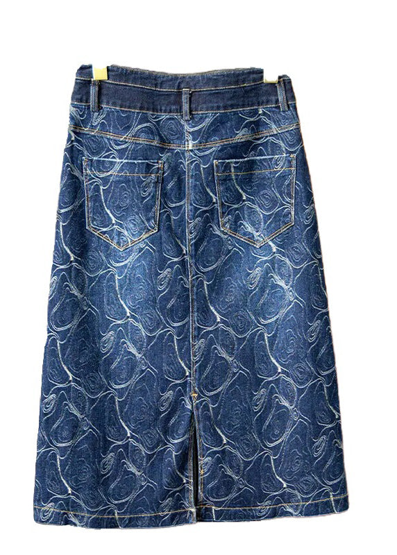 Retro Blue High Waist Button Printed Denim A-Line Skirt Summer