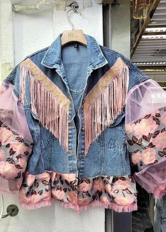 Vintage Lantern Sleeves Patchwork Button Fall Blue Denim Jacket