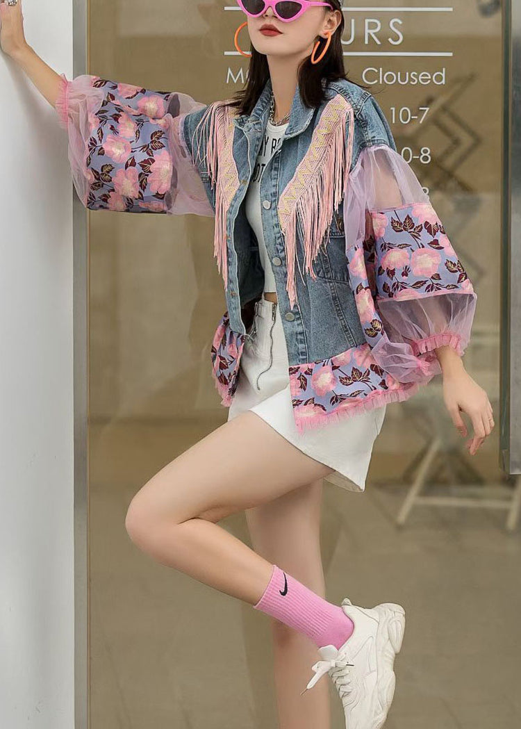 Vintage Lantern Sleeves Patchwork Button Fall Blue Denim Jacket