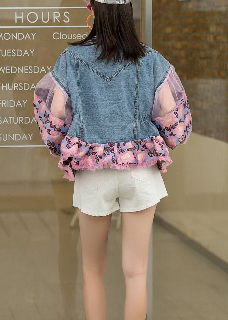 Vintage Lantern Sleeves Patchwork Button Fall Blue Denim Jacket