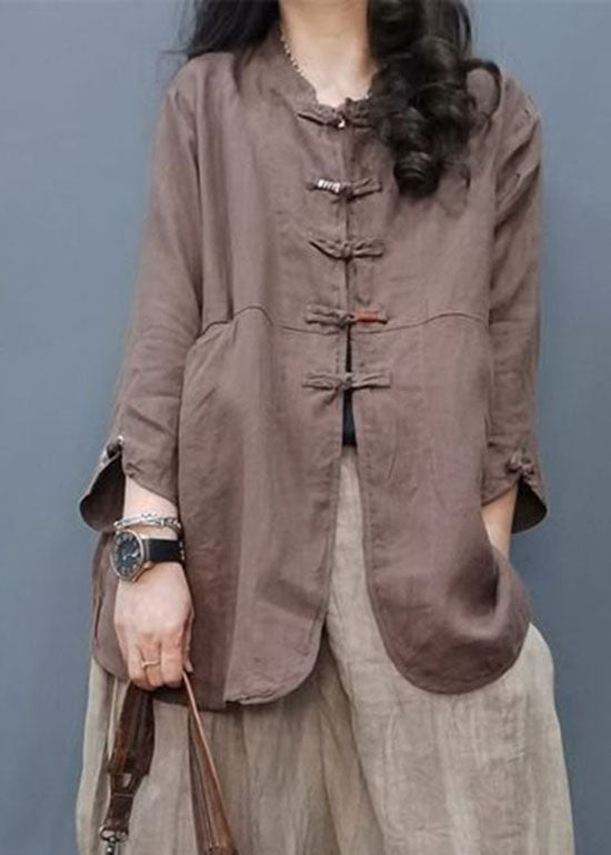 Vintage Chocolate Button Cotton Linen Coat Long Sleeves