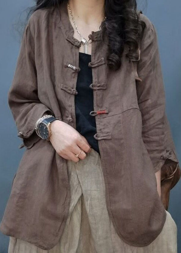 Vintage Chocolate Button Cotton Linen Coat Long Sleeves