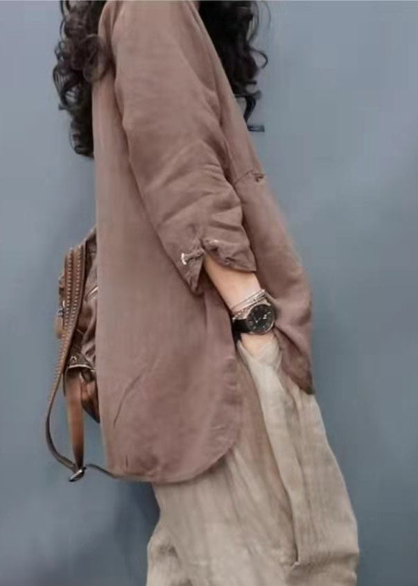 Vintage Chocolate Button Cotton Linen Coat Long Sleeves