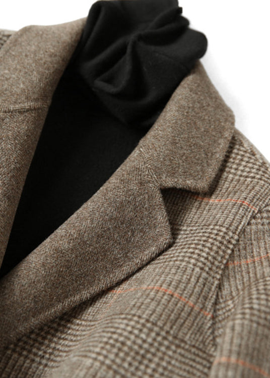Spring Vintage Chocolate Peter Pan Collar Check Wool Coat