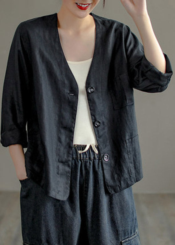 Vintage Chocolate V Neck Patchwork Button Linen Shirt Long Sleeve