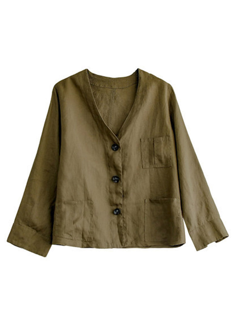 Vintage Chocolate V Neck Patchwork Button Linen Shirt Long Sleeve
